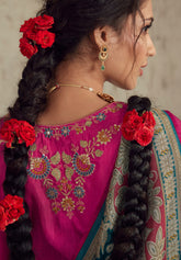 Exquisite Contrasting Rama Floral Organza saree with beautiful print, piping work or tassels on pallu | party wear saree | Festive saree